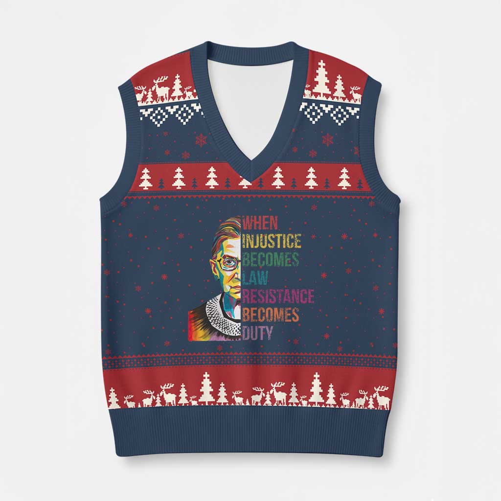 RBG Quote V-Neck Knit Sweater Vest When Injustice Becomes Law Resistance Becomes Duty TS02 Navy Red Print Your Wear