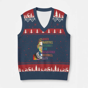 RBG Quote V-Neck Knit Sweater Vest When Injustice Becomes Law Resistance Becomes Duty TS02 Navy Red Print Your Wear