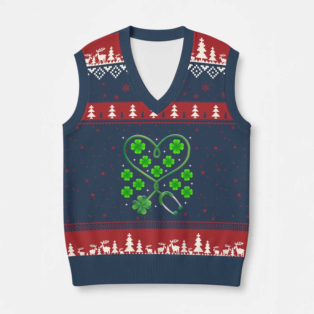 Funny Nurse St Patricks Day V-Neck Knit Sweater Vest Nursing Stethoscope Green Clover Shamrock TS02 Navy Red Print Your Wear