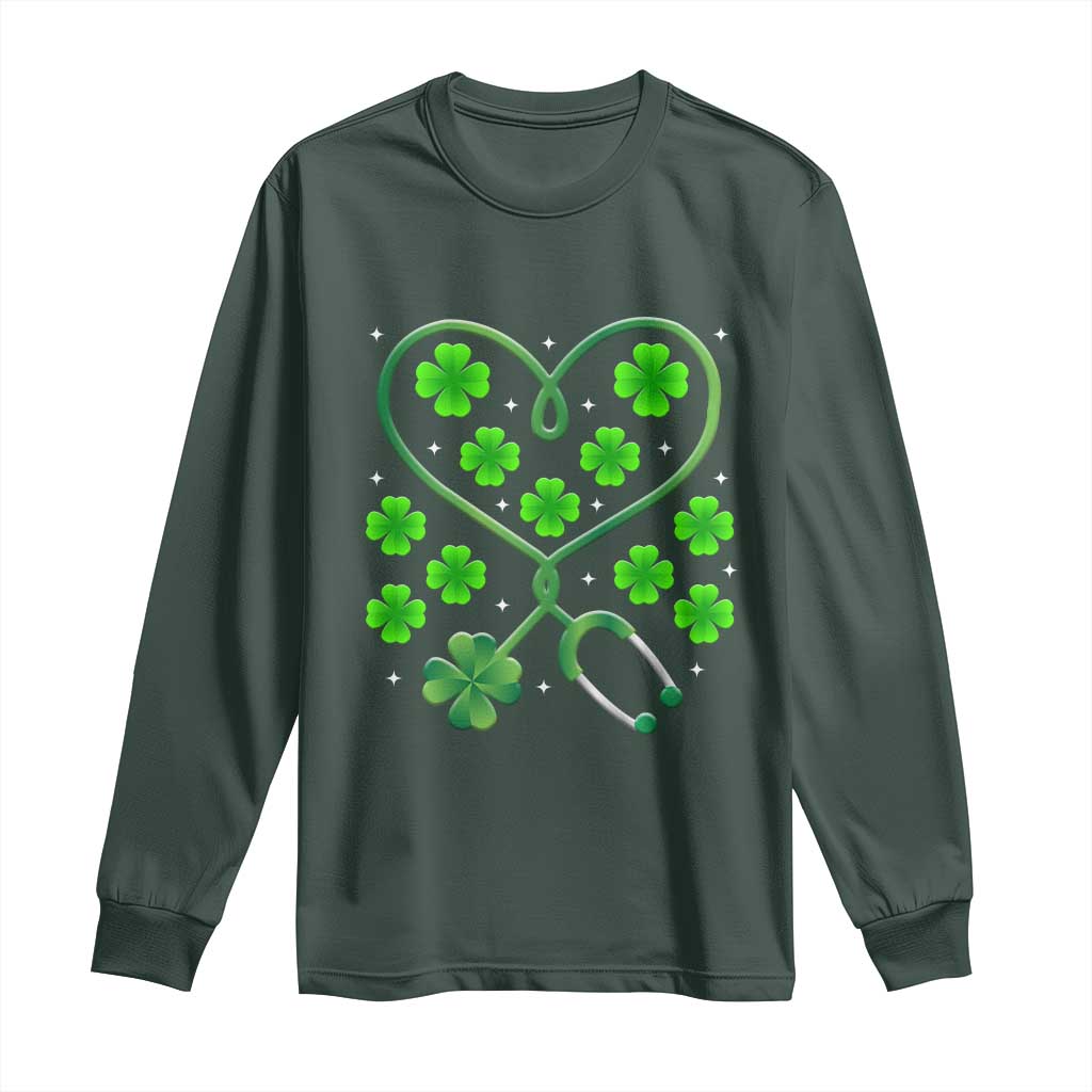 Funny Nurse St Patricks Day Long Sleeve Shirt Nursing Stethoscope Green Clover Shamrock TS02 Dark Forest Green Print Your Wear