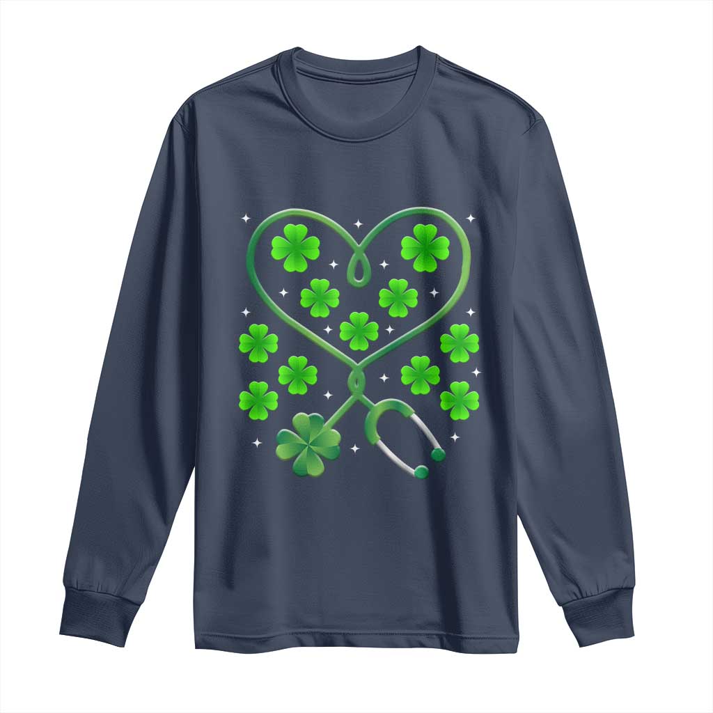 Funny Nurse St Patricks Day Long Sleeve Shirt Nursing Stethoscope Green Clover Shamrock TS02 Navy Print Your Wear