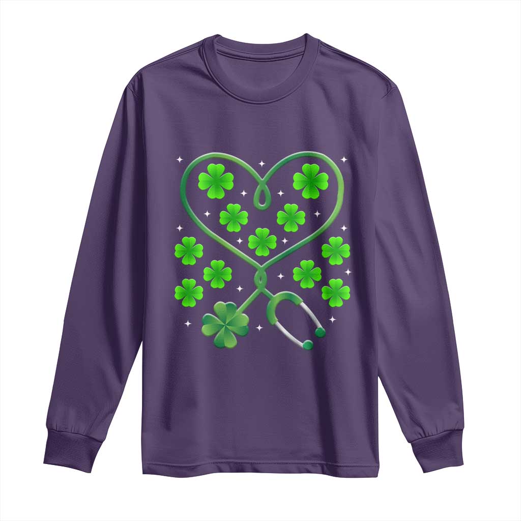 Funny Nurse St Patricks Day Long Sleeve Shirt Nursing Stethoscope Green Clover Shamrock TS02 Purple Print Your Wear