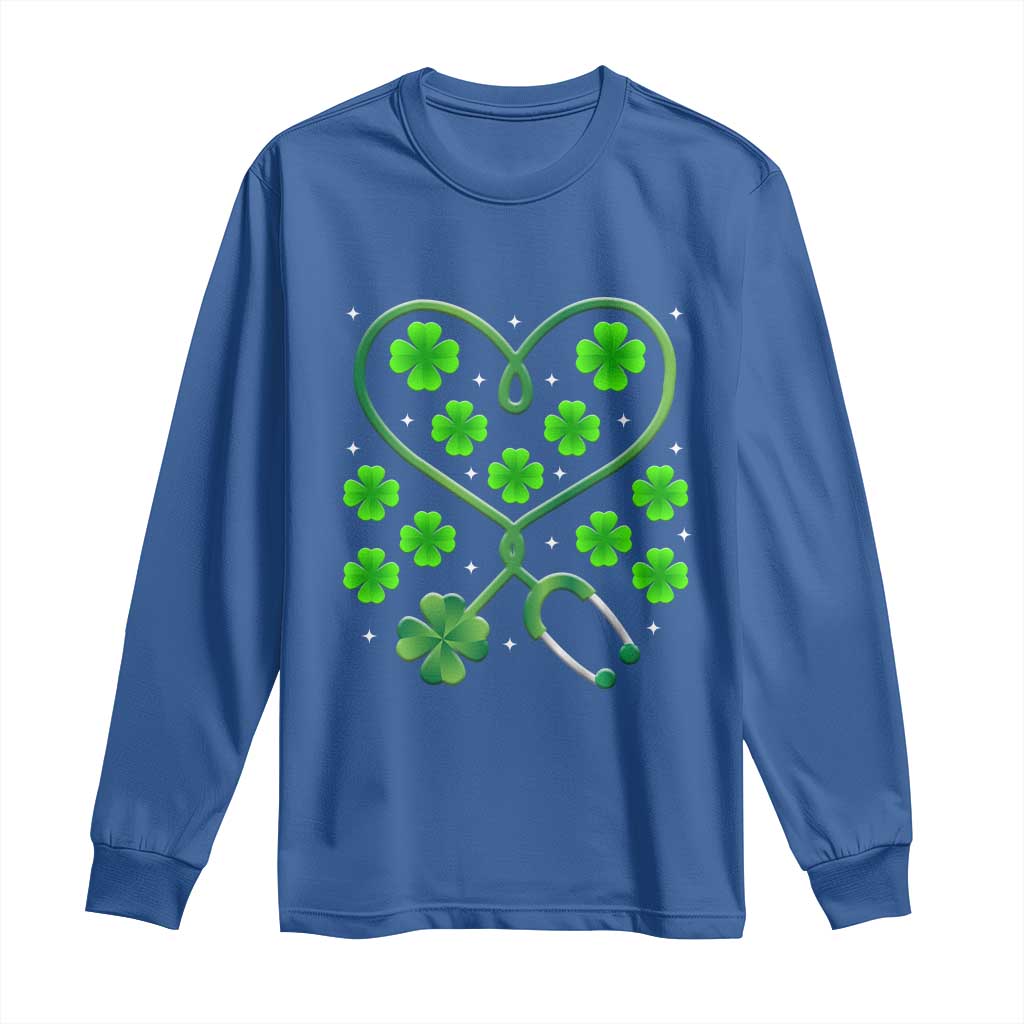 Funny Nurse St Patricks Day Long Sleeve Shirt Nursing Stethoscope Green Clover Shamrock TS02 Royal Blue Print Your Wear