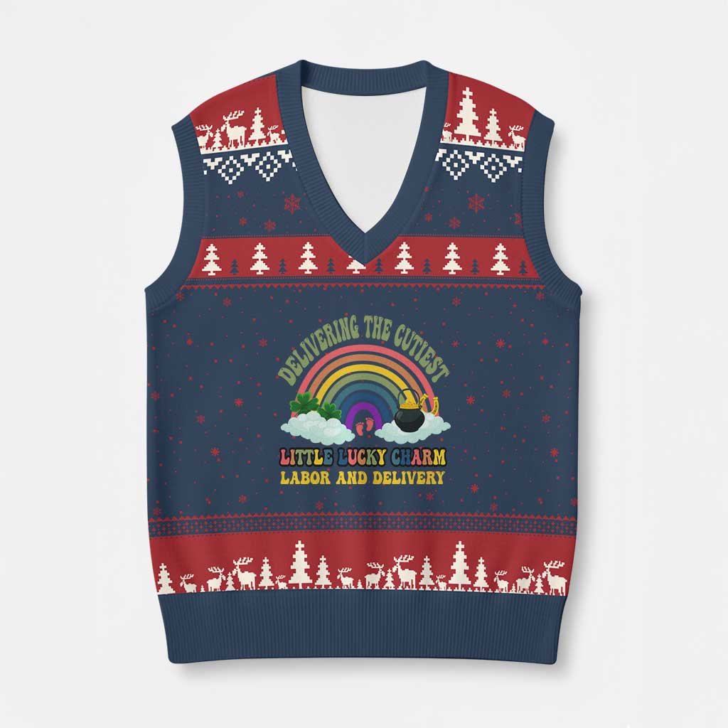 Funny Labor and Delivery St Patricks Day V-Neck Knit Sweater Vest Delivering The Cutiest Little Lucky Charm TS02 Navy Red Print Your Wear