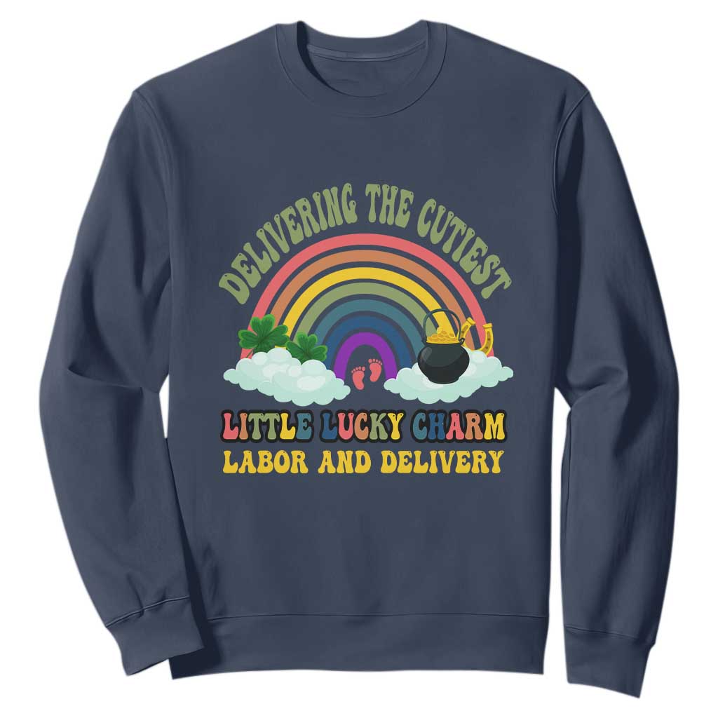 Funny Labor and Delivery St Patricks Day Sweatshirt Delivering The Cutiest Little Lucky Charm TS02 Navy Print Your Wear