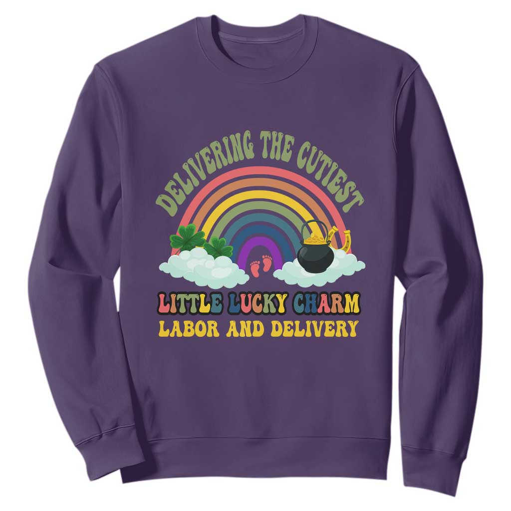 Funny Labor and Delivery St Patricks Day Sweatshirt Delivering The Cutiest Little Lucky Charm TS02 Purple Print Your Wear