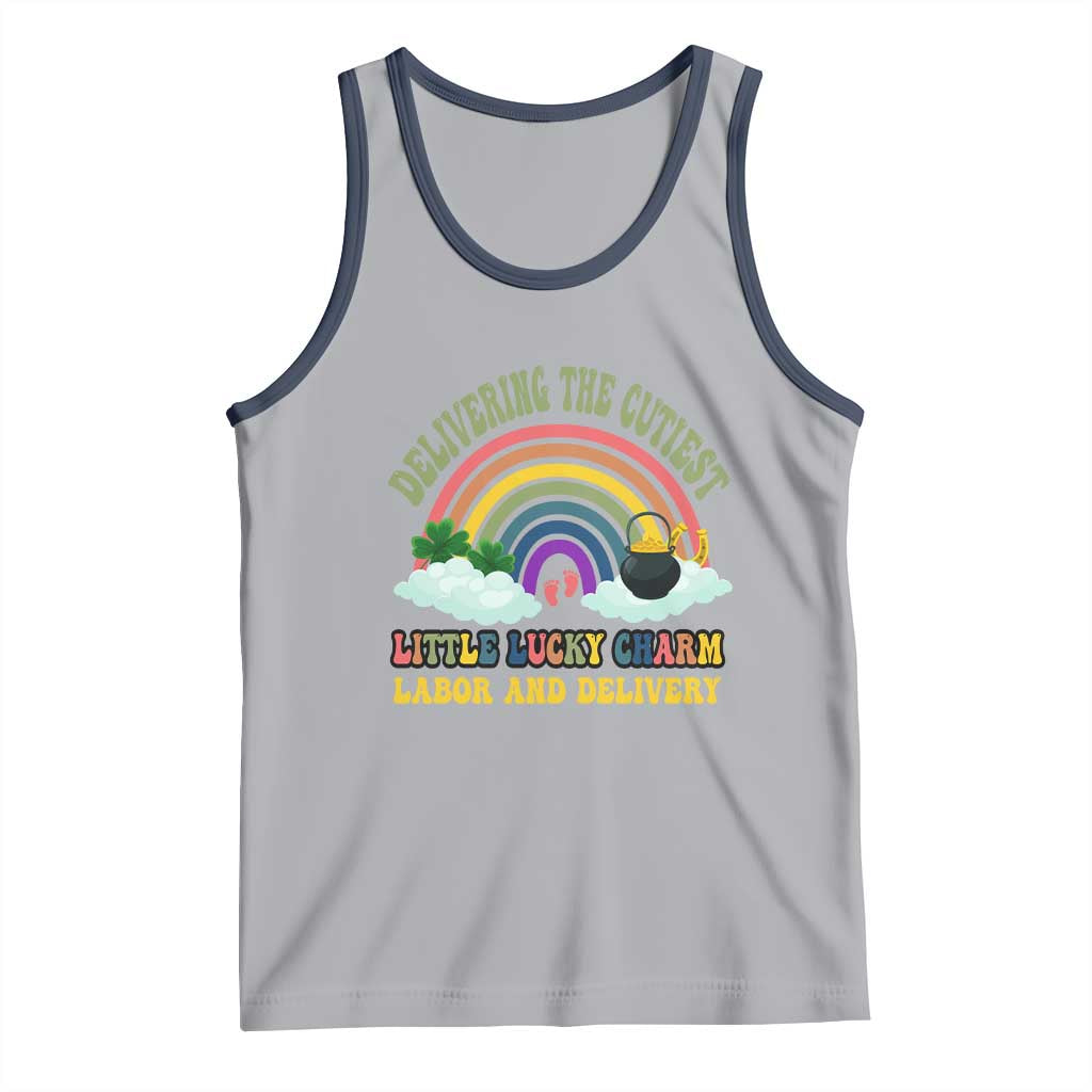 Funny Labor and Delivery St Patricks Day Tank Top Delivering The Cutiest Little Lucky Charm TS02 Athletic Heather Navy Print Your Wear