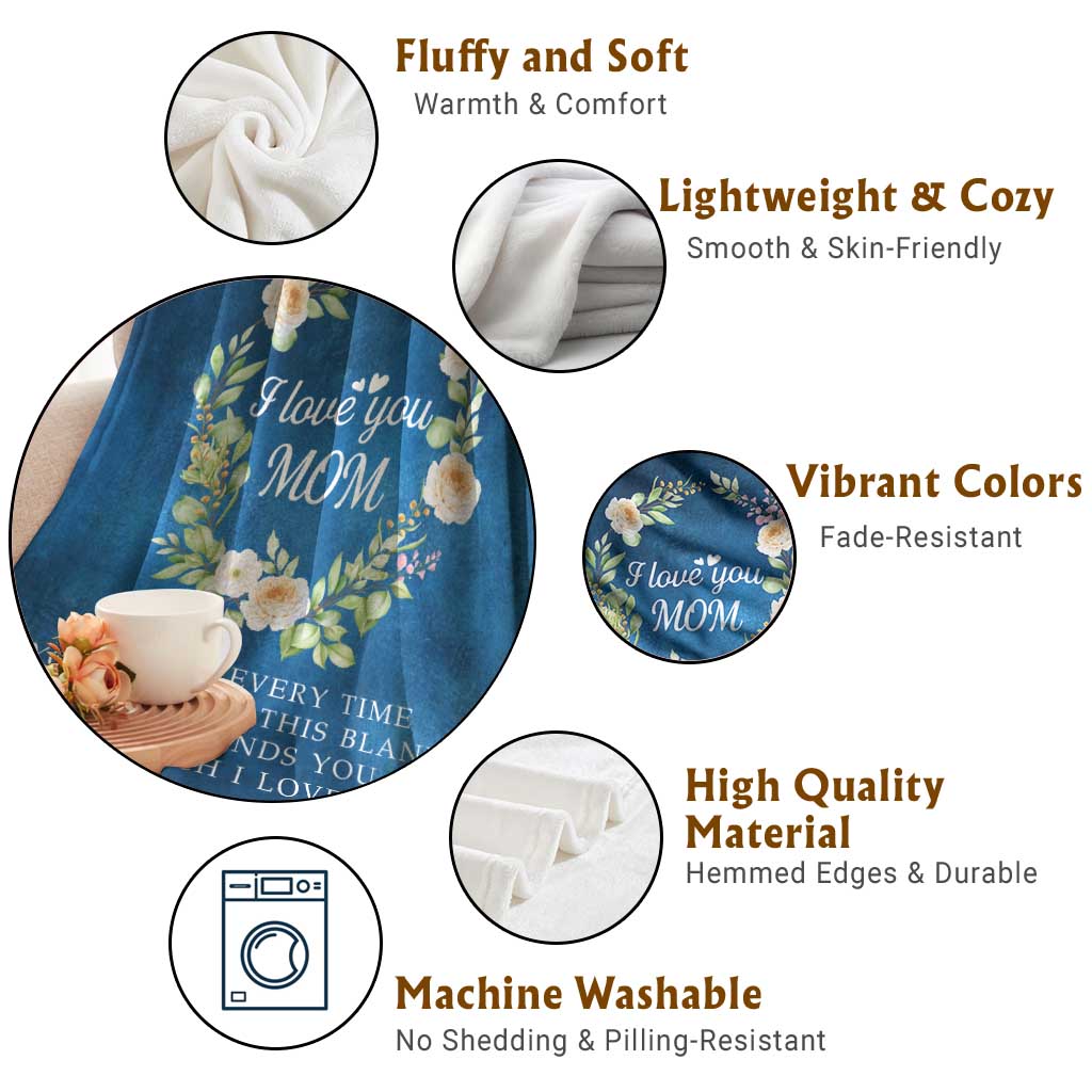 I Love You Mom Floral Blue Throw Blanket Kid's Love Message Mother's Day Gift from Daughter Son TS02 Print Your Wear