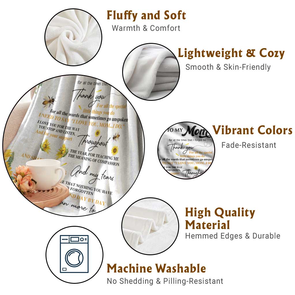 To My Mom Sunflower and Bee Throw Blanket Thank You For All The Special Things Love Message Botanical Gift for Mother's Day TS02 Print Your Wear