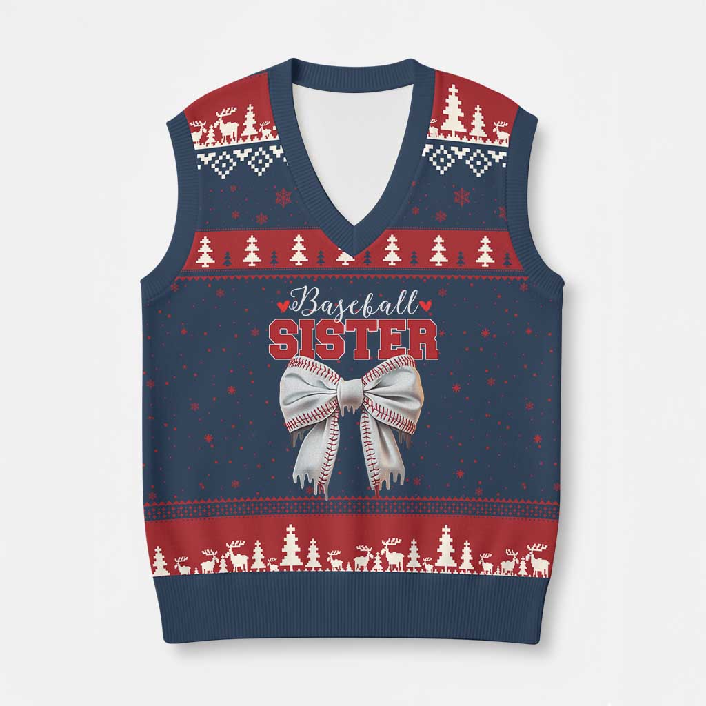 Baseball Sister V-Neck Knit Sweater Vest Soft Ball Game Day Dripping Ice Cream Coquette Bow TS02 Navy Red Print Your Wear