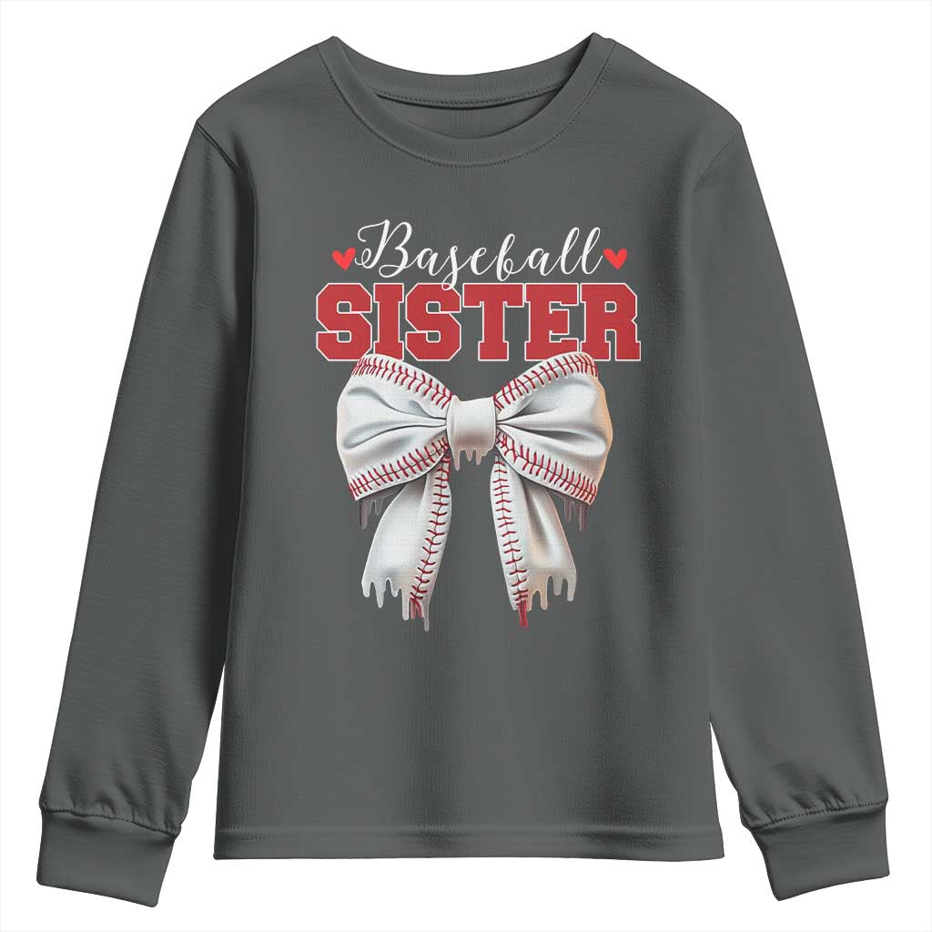 Baseball Sister Youth Sweatshirt Soft Ball Game Day Dripping Ice Cream Coquette Bow TS02 Dark Heather Print Your Wear