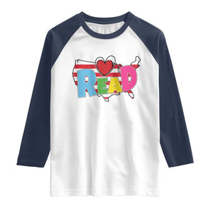 Read Lover America Map Raglan Shirt National Reading Month Bookish Book Lovers TS02 White Navy Print Your Wear