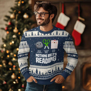 Nothing Beats Reading Ugly Christmas Sweater Rock Paper Scissors Read Book Lovers TS02 Navy Beige Print Your Wear