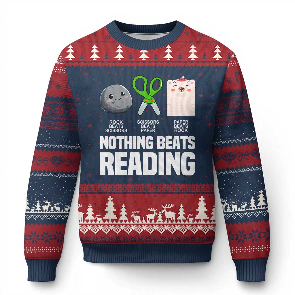 Nothing Beats Reading Ugly Christmas Sweater Rock Paper Scissors Read Book Lovers TS02 Navy Red Print Your Wear