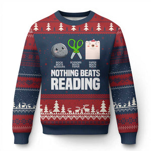 Nothing Beats Reading Ugly Christmas Sweater Rock Paper Scissors Read Book Lovers TS02 Navy Red Print Your Wear