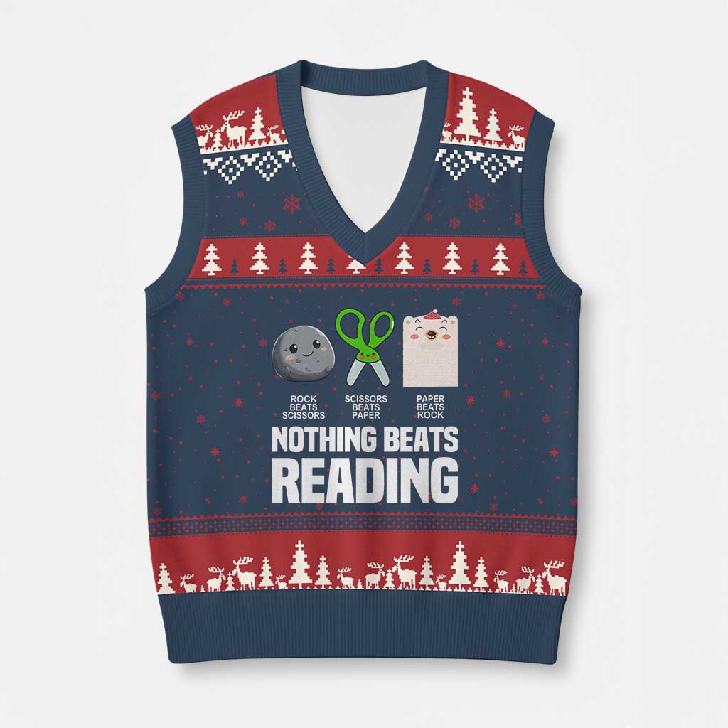 Nothing Beats Reading V-Neck Knit Sweater Vest Rock Paper Scissors Read Book Lovers TS02 Navy Red Print Your Wear