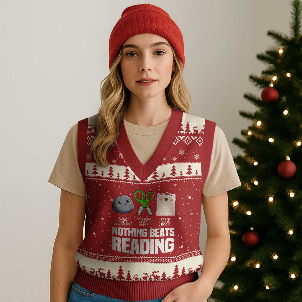 Nothing Beats Reading V-Neck Knit Sweater Vest Rock Paper Scissors Read Book Lovers TS02 Red Beige Print Your Wear