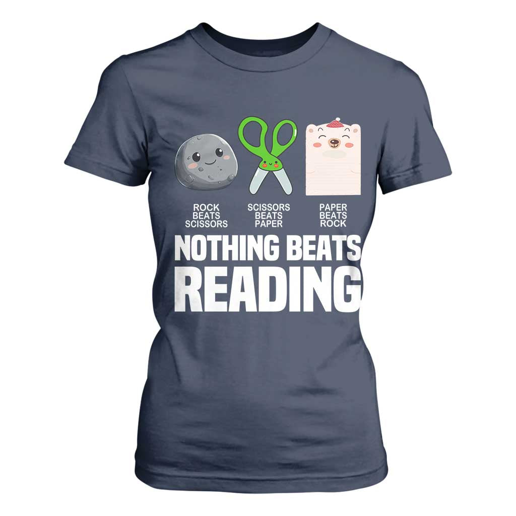 Nothing Beats Reading T Shirt For Women Rock Paper Scissors Read Book Lovers TS02 Navy Print Your Wear