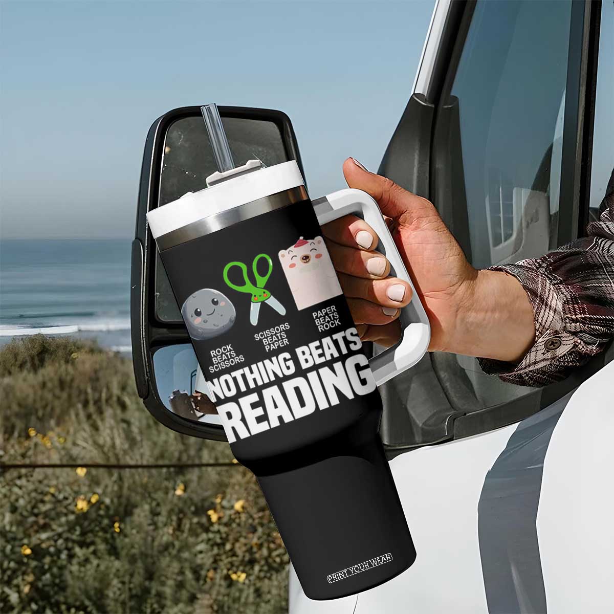 Nothing Beats Reading Tumbler With Handle Rock Paper Scissors Read Book Lovers TS02 Print Your Wear