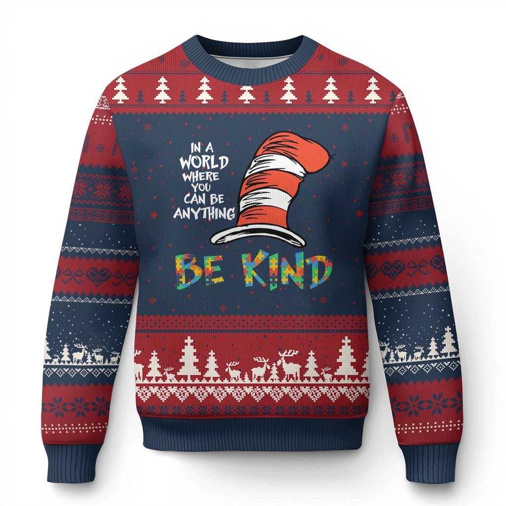 Autism Awareness Ugly Christmas Sweater Why Fit In When You Were Born To Stand Out Cat In Hat TS02 Navy Red Print Your Wear