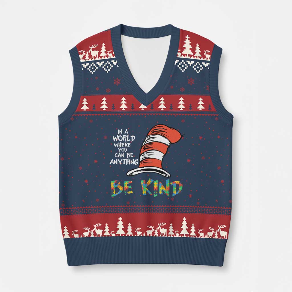 Autism Awareness V-Neck Knit Sweater Vest Why Fit In When You Were Born To Stand Out Cat In Hat TS02 Navy Red Print Your Wear