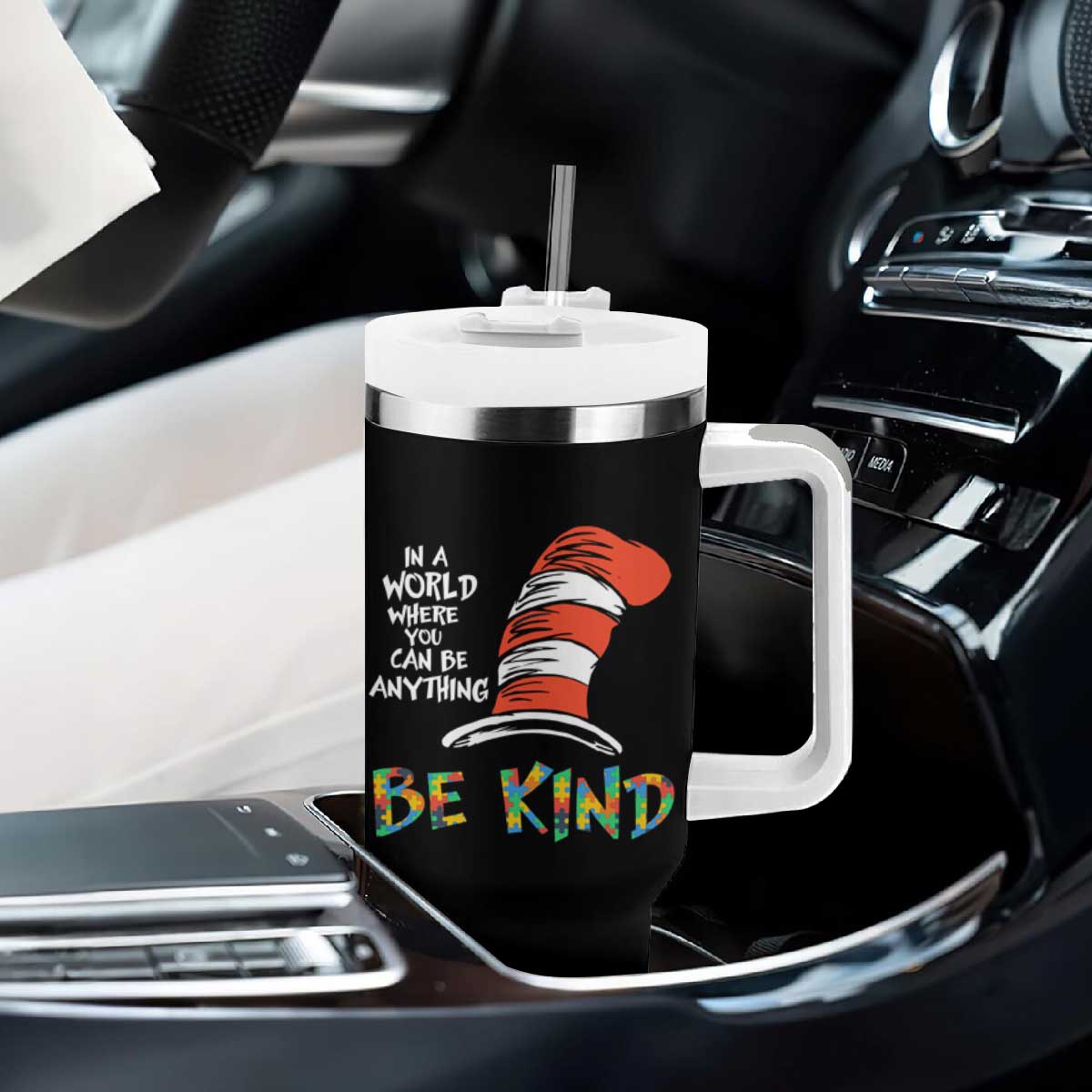 Autism Awareness Tumbler With Handle Why Fit In When You Were Born To Stand Out Cat In Hat TS02 Print Your Wear