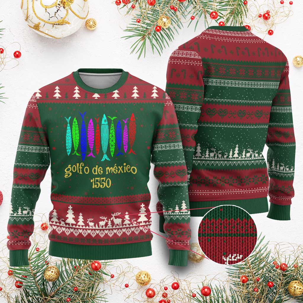 Gulf of Mexico Ugly Christmas Sweater Golfo de México 1550 Retro Tuna TS02 Red Green Print Your Wear