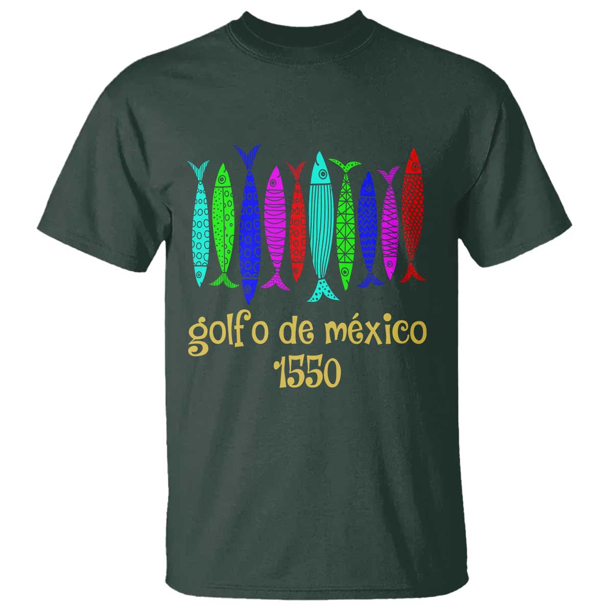 Gulf of Mexico T Shirt Golfo de México 1550 Retro Tuna TS02 Dark Forest Green Print Your Wear