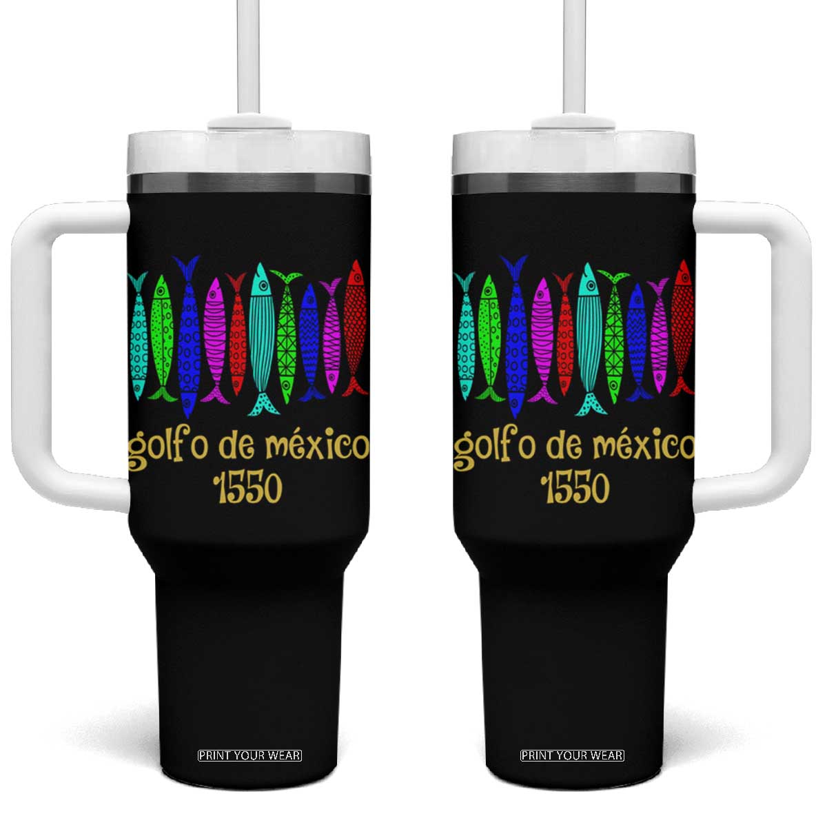 Gulf of Mexico Tumbler With Handle Golfo de México 1550 Retro Tuna TS02 One Size: 40 oz Black Print Your Wear