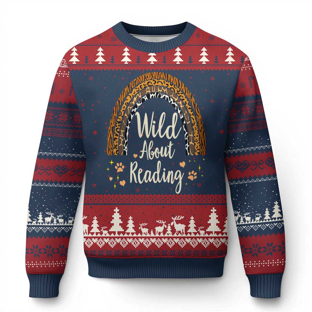 Wild About Reading Ugly Christmas Sweater Teacher Student Back to School Retro Rainbow TS02 Navy Red Print Your Wear