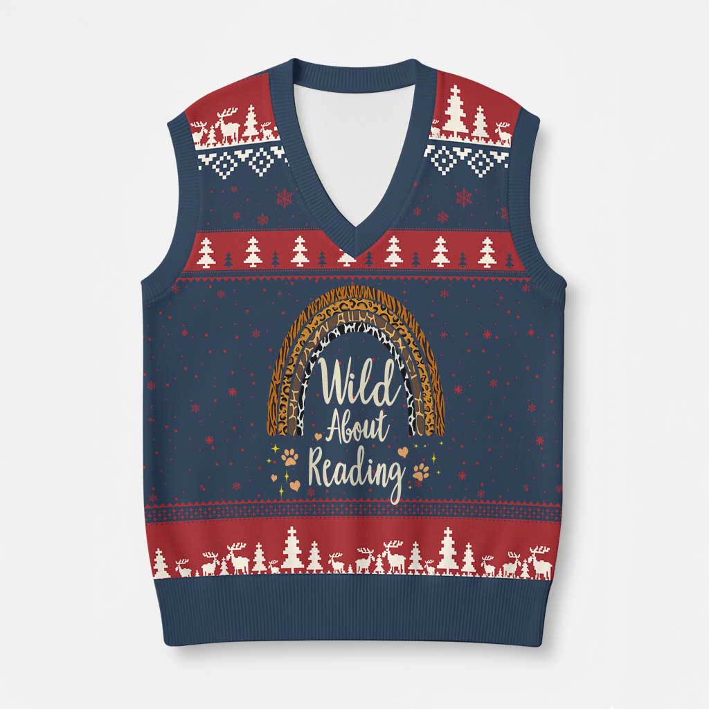 Wild About Reading V-Neck Knit Sweater Vest Teacher Student Back to School Retro Rainbow TS02 Navy Red Print Your Wear