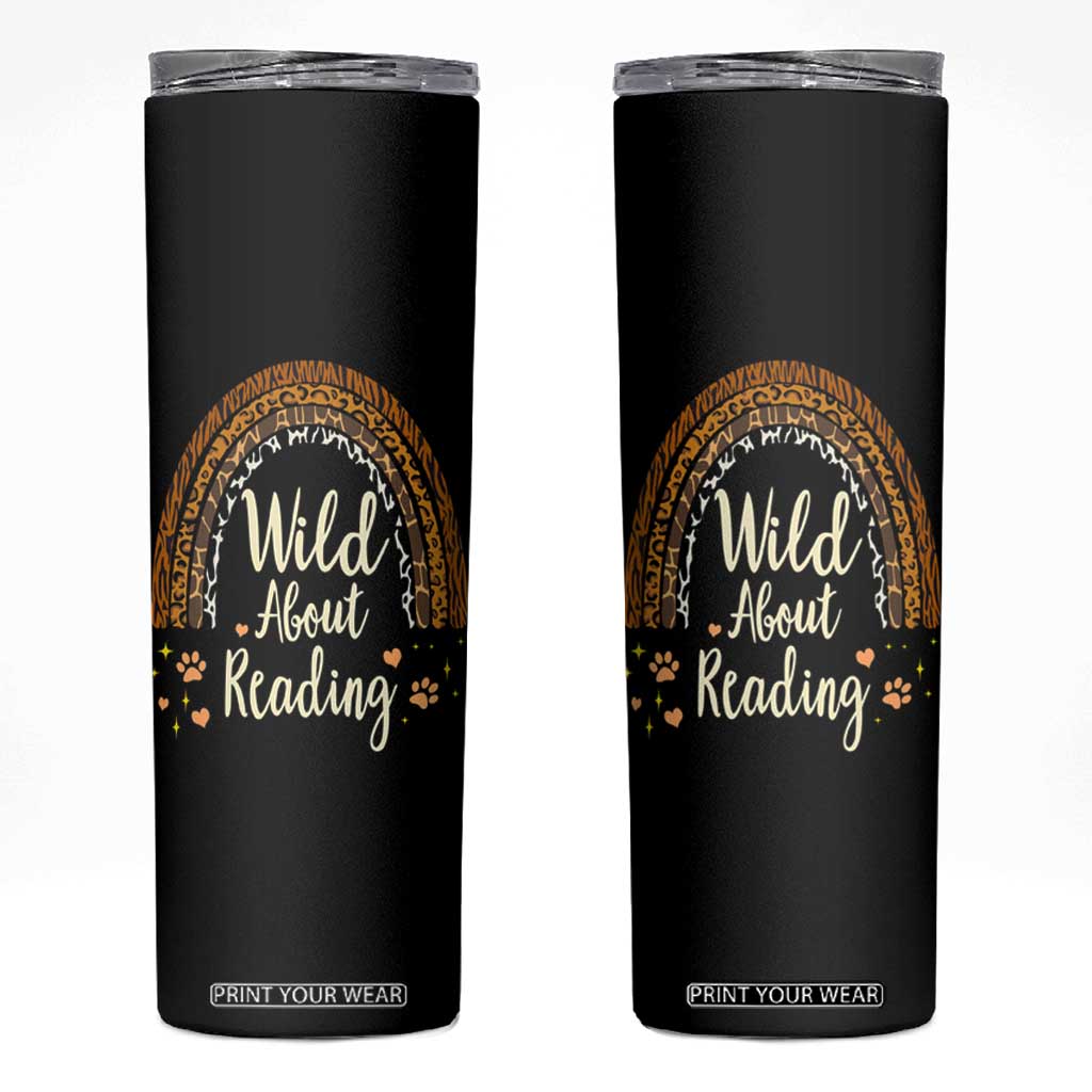 Wild About Reading Skinny Tumbler Teacher Student Back to School Retro Rainbow TS02 Black Print Your Wear