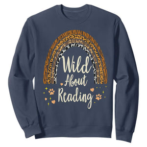 Wild About Reading Sweatshirt Teacher Student Back to School Retro Rainbow TS02 Navy Print Your Wear