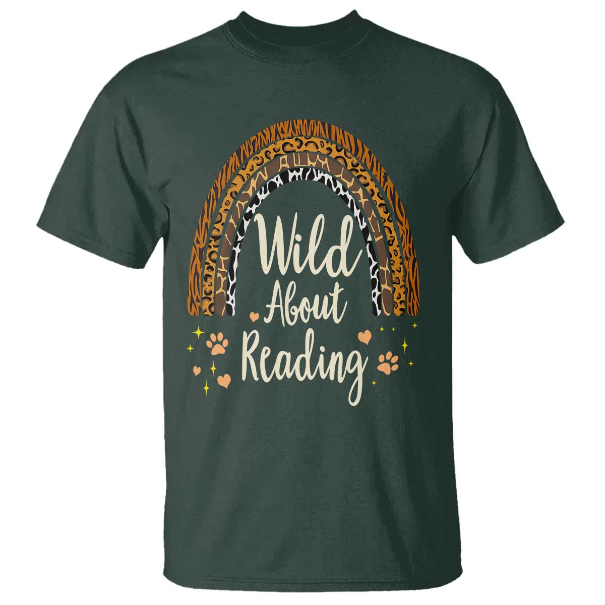 Wild About Reading T Shirt Teacher Student Back to School Retro Rainbow TS02 Dark Forest Green Print Your Wear