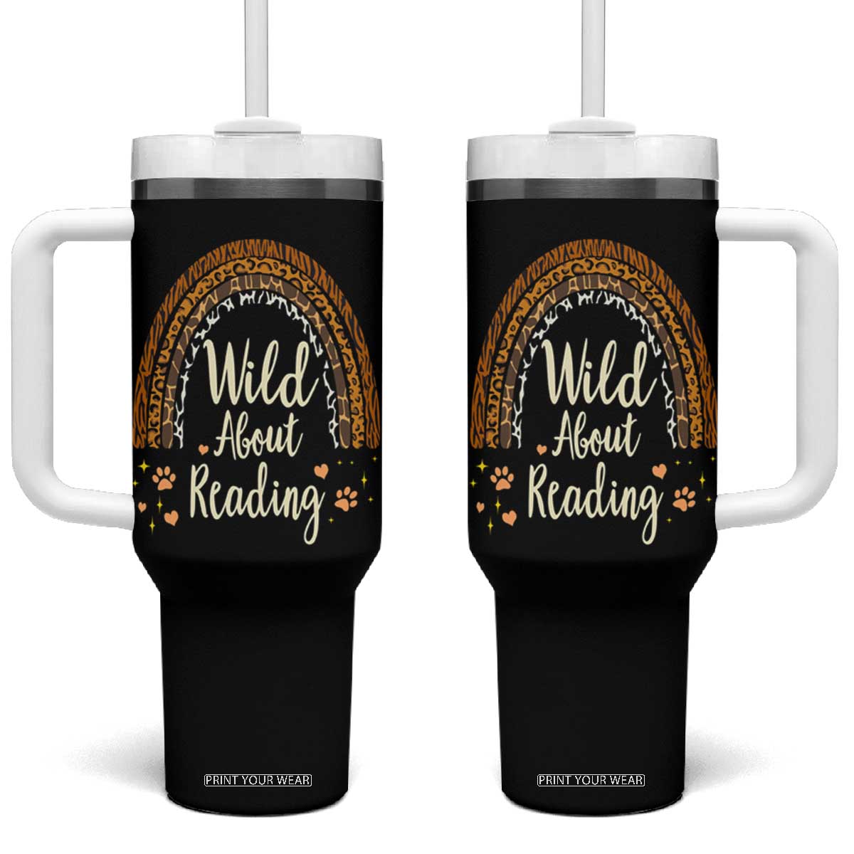 Wild About Reading Tumbler With Handle Teacher Student Back to School Retro Rainbow TS02 One Size: 40 oz Black Print Your Wear
