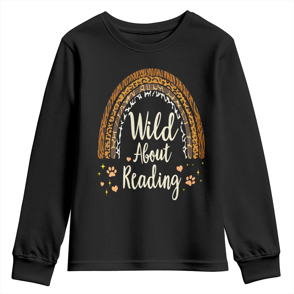 Wild About Reading Youth Sweatshirt Teacher Student Back to School Retro Rainbow TS02 Black Print Your Wear