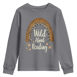 Wild About Reading Youth Sweatshirt Teacher Student Back to School Retro Rainbow TS02 Charcoal Print Your Wear