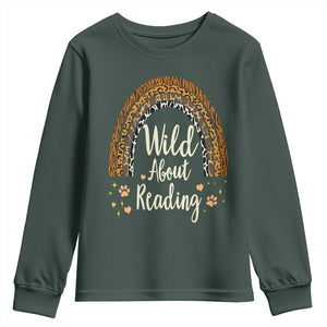 Wild About Reading Youth Sweatshirt Teacher Student Back to School Retro Rainbow TS02 Dark Forest Green Print Your Wear