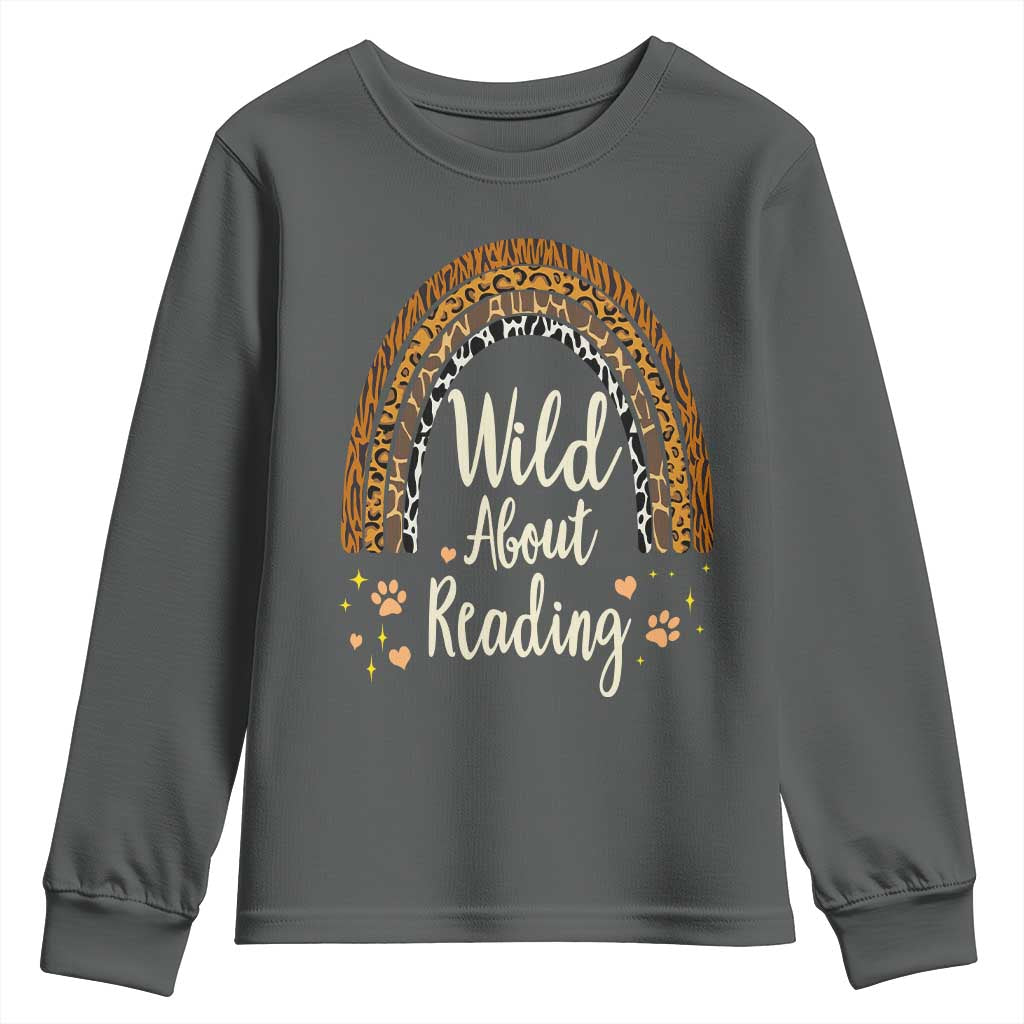 Wild About Reading Youth Sweatshirt Teacher Student Back to School Retro Rainbow TS02 Dark Heather Print Your Wear