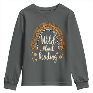 Wild About Reading Youth Sweatshirt Teacher Student Back to School Retro Rainbow TS02 Dark Heather Print Your Wear