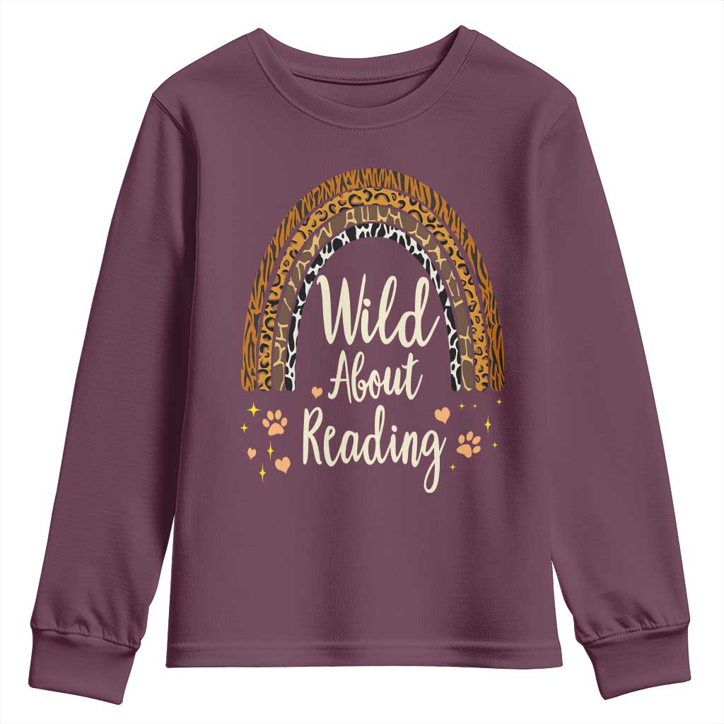 Wild About Reading Youth Sweatshirt Teacher Student Back to School Retro Rainbow TS02 Maroon Print Your Wear