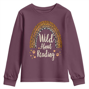 Wild About Reading Youth Sweatshirt Teacher Student Back to School Retro Rainbow TS02 Maroon Print Your Wear