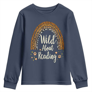 Wild About Reading Youth Sweatshirt Teacher Student Back to School Retro Rainbow TS02 Navy Print Your Wear
