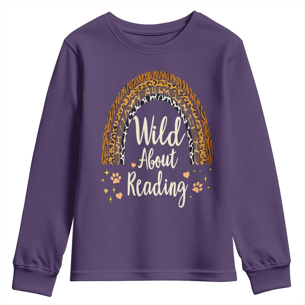 Wild About Reading Youth Sweatshirt Teacher Student Back to School Retro Rainbow TS02 Purple Print Your Wear