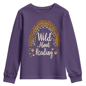 Wild About Reading Youth Sweatshirt Teacher Student Back to School Retro Rainbow TS02 Purple Print Your Wear