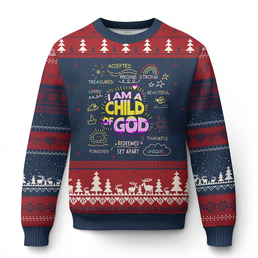 I Am A Child Of God Ugly Christmas Sweater Retro Christian Jesus Faith TS02 Navy Red Print Your Wear