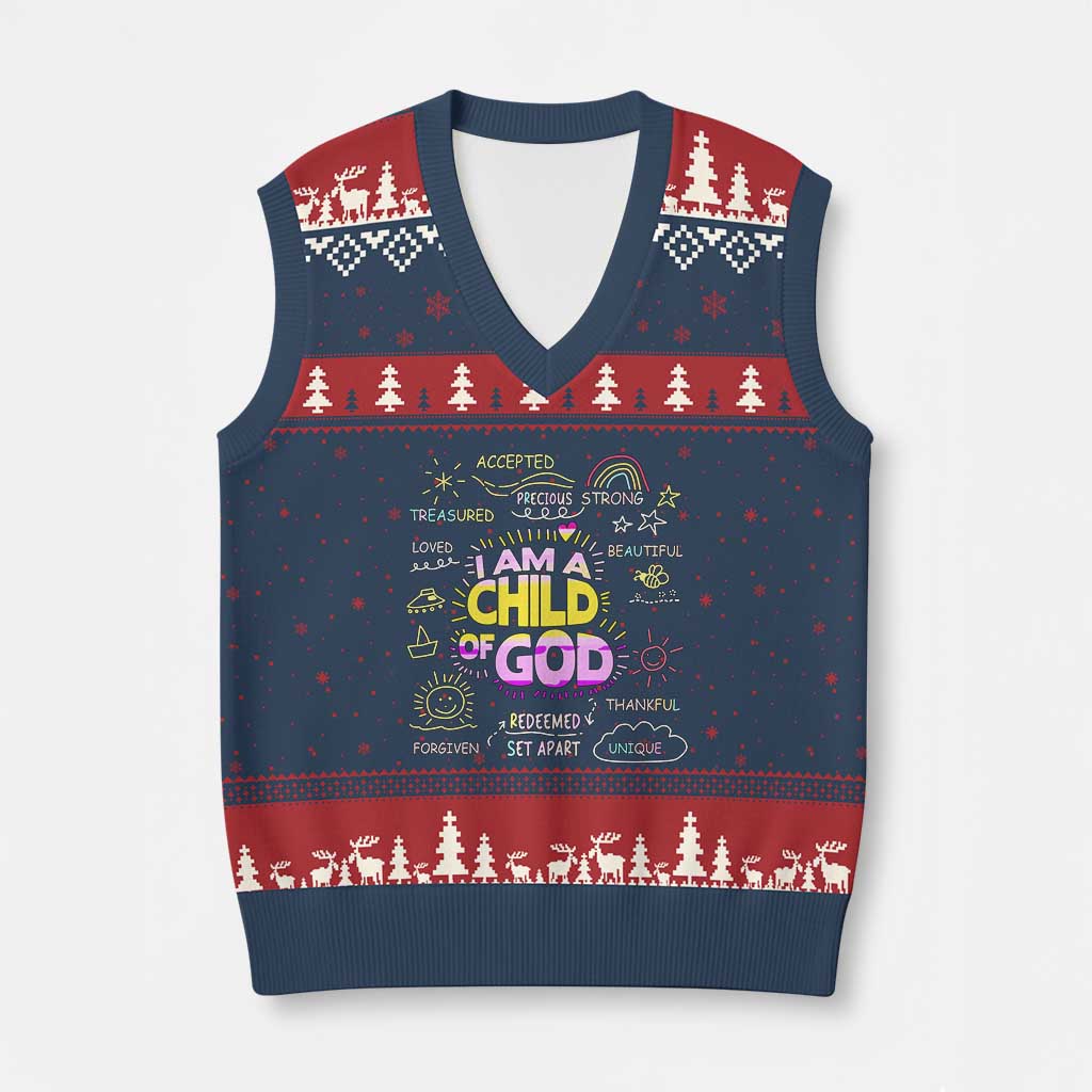I Am A Child Of God V-Neck Knit Sweater Vest Retro Christian Jesus Faith TS02 Navy Red Print Your Wear