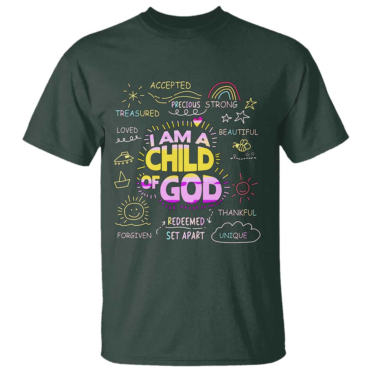 I Am A Child Of God T Shirt Retro Christian Jesus Faith TS02 Dark Forest Green Print Your Wear