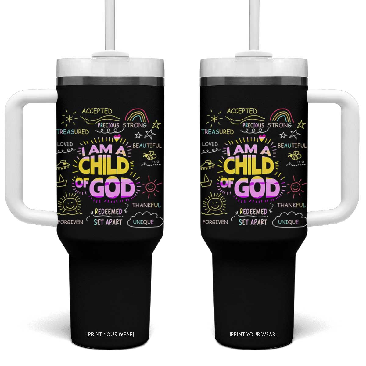 I Am A Child Of God Tumbler With Handle Retro Christian Jesus Faith TS02 One Size: 40 oz Black Print Your Wear