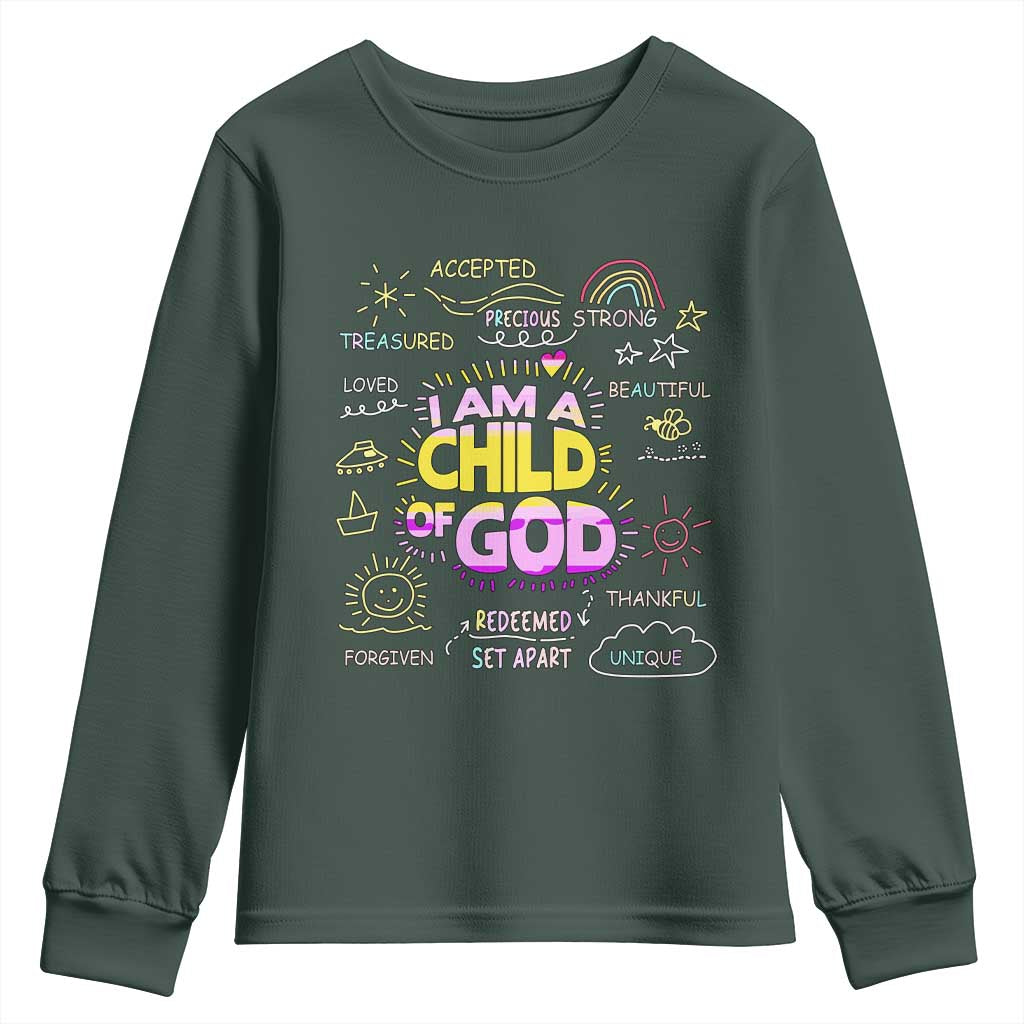I Am A Child Of God Youth Sweatshirt Retro Christian Jesus Faith TS02 Dark Forest Green Print Your Wear